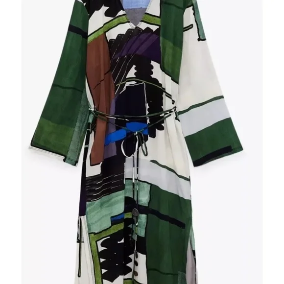 ZARA Green printed tunic kaftan belted mididress - Picture 2 of 8
